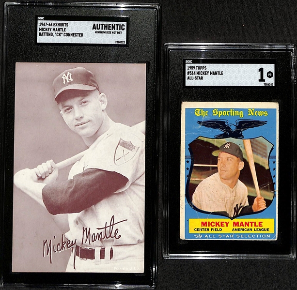 Mickey Mantle Lot - 1947-66 Exhibits (Batting, CK Connected, SGC Authentic) & 1959 Topps All-Star #564 (SGC 1)