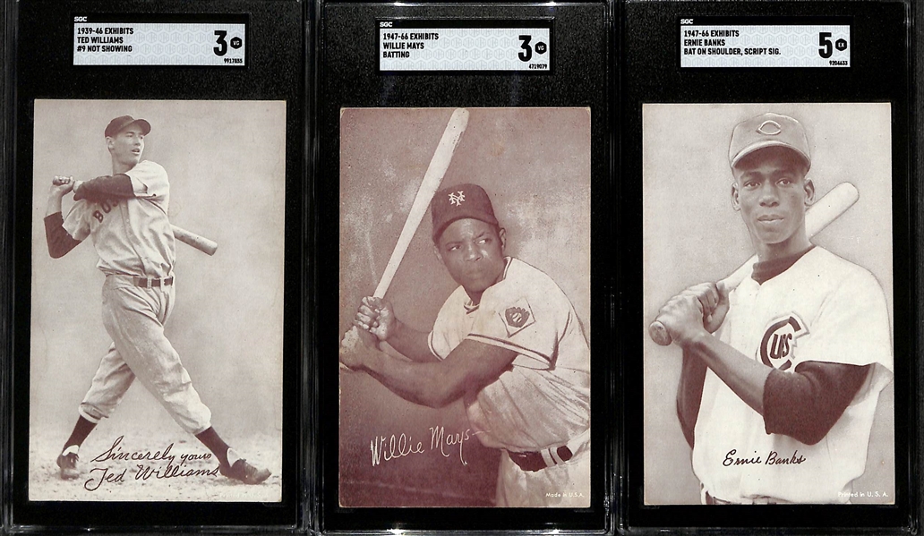 Exhibits Lot - 1939-46 Ted Williams (#9 Not Showing) SGC 3, 1947-1966 Willie Mays SGC 3, 1947-66 Ernie Banks (Bat on Shoulder, Script Sig.) SGC 5