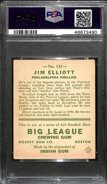 Signed 1933 Goudey Jim Elliott #132 (Uncle Jimmy Collection) - PSA Grade 4.5 (Auto Grade 7)