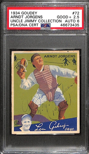 Signed 1934 Goudey Arndt Jorgens #72 (Uncle Jimmy Collection) - PSA Grade 2.5 (Auto Grade 6)