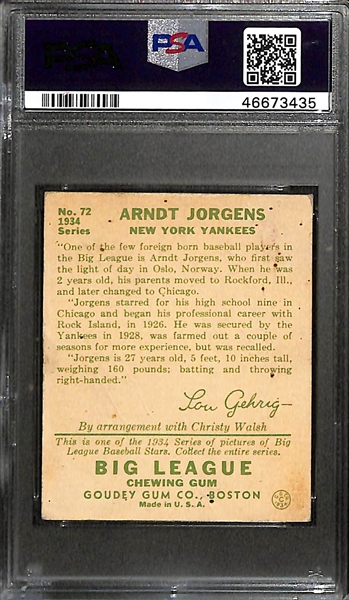 Signed 1934 Goudey Arndt Jorgens #72 (Uncle Jimmy Collection) - PSA Grade 2.5 (Auto Grade 6)