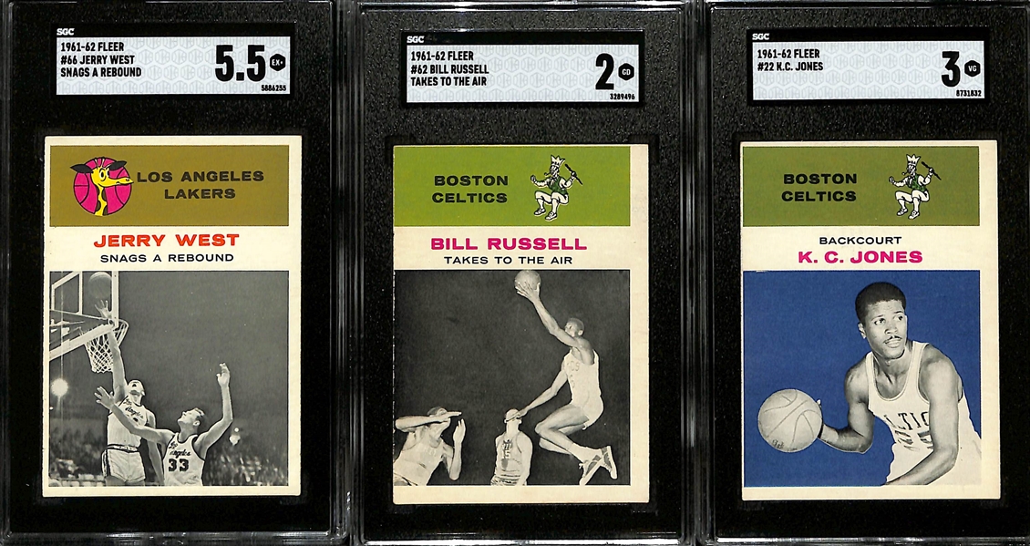 1961-62 Fleer Basketball Lot - Jerry West In-Action #66 (SGC 5.5), Bill Russell In-Action #62 (SGC 2), KC Jones #22 (SGC 3)