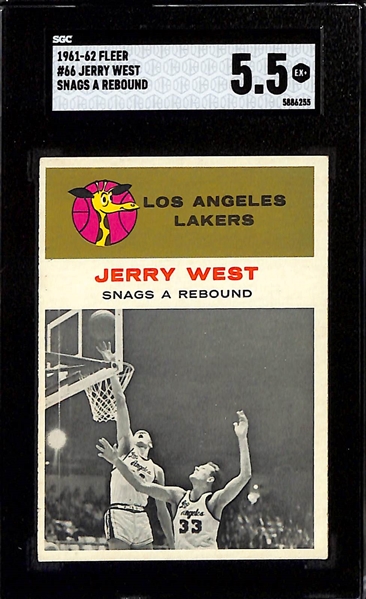 1961-62 Fleer Basketball Lot - Jerry West In-Action #66 (SGC 5.5), Bill Russell In-Action #62 (SGC 2), KC Jones #22 (SGC 3)