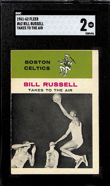 1961-62 Fleer Basketball Lot - Jerry West In-Action #66 (SGC 5.5), Bill Russell In-Action #62 (SGC 2), KC Jones #22 (SGC 3)