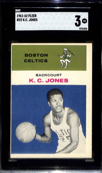 1961-62 Fleer Basketball Lot - Jerry West In-Action #66 (SGC 5.5), Bill Russell In-Action #62 (SGC 2), KC Jones #22 (SGC 3)