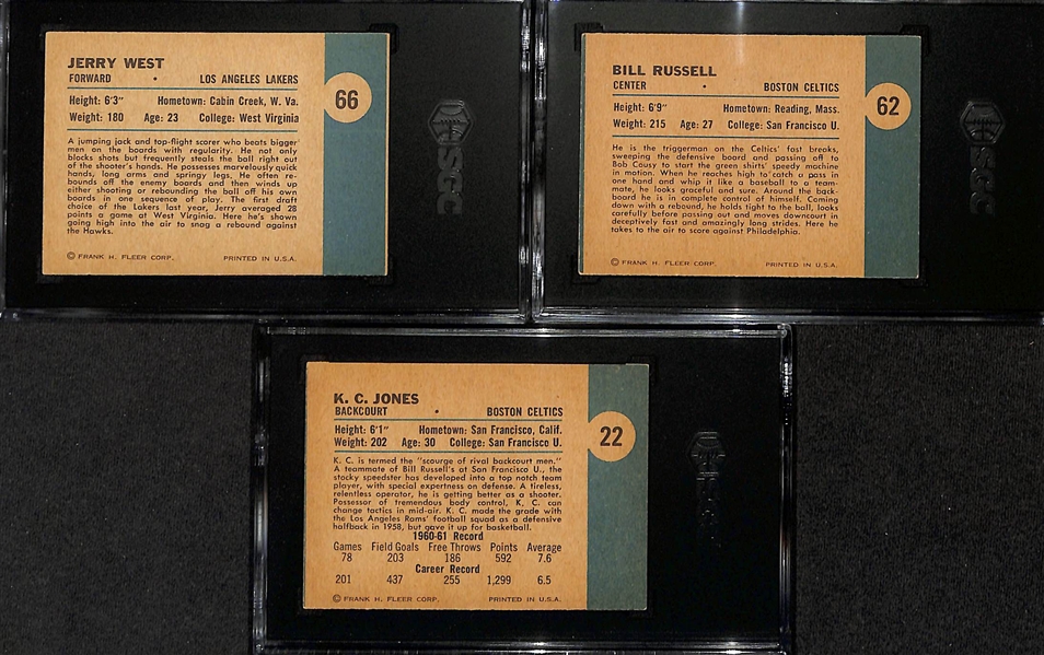 1961-62 Fleer Basketball Lot - Jerry West In-Action #66 (SGC 5.5), Bill Russell In-Action #62 (SGC 2), KC Jones #22 (SGC 3)