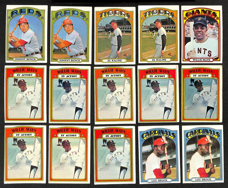 Lot of (1800+) Assorted 1972 Topps Baseball Cards w. (2) Johnny Bench & (2) Al Kaline