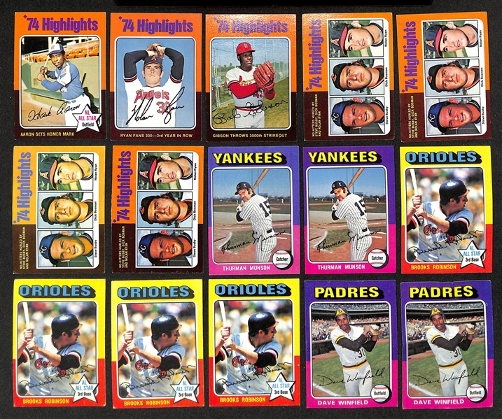 Lot of (1200+) Assorted 1975 Topps Baseball Cards w. Hank Aaron #1 & Nolan Ryan #5
