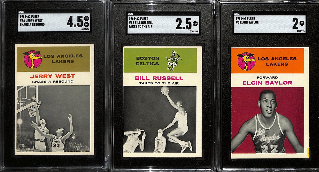 1961-62 Fleer Basketball Lot - Jerry West In-Action #66 (SGC 4.5), Bill Russell In-Action #62 (SGC 2.5), Elgin Baylor #3 (SGC 2)