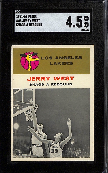 1961-62 Fleer Basketball Lot - Jerry West In-Action #66 (SGC 4.5), Bill Russell In-Action #62 (SGC 2.5), Elgin Baylor #3 (SGC 2)