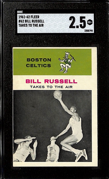 1961-62 Fleer Basketball Lot - Jerry West In-Action #66 (SGC 4.5), Bill Russell In-Action #62 (SGC 2.5), Elgin Baylor #3 (SGC 2)