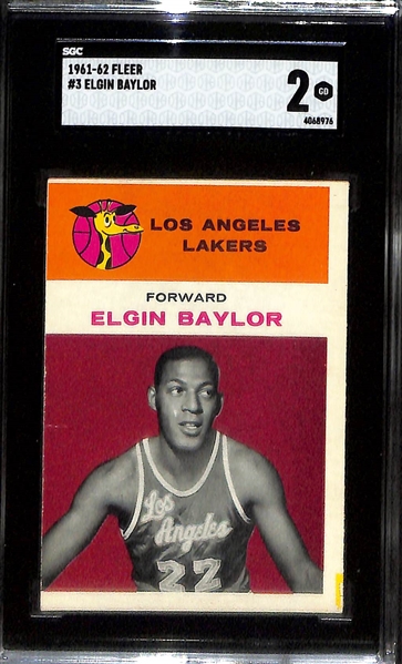1961-62 Fleer Basketball Lot - Jerry West In-Action #66 (SGC 4.5), Bill Russell In-Action #62 (SGC 2.5), Elgin Baylor #3 (SGC 2)