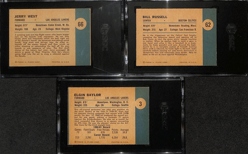1961-62 Fleer Basketball Lot - Jerry West In-Action #66 (SGC 4.5), Bill Russell In-Action #62 (SGC 2.5), Elgin Baylor #3 (SGC 2)