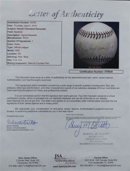 Grover Cleveland Alexander Single-Signed Official League Baseball - Full JSA Letter of Authentication