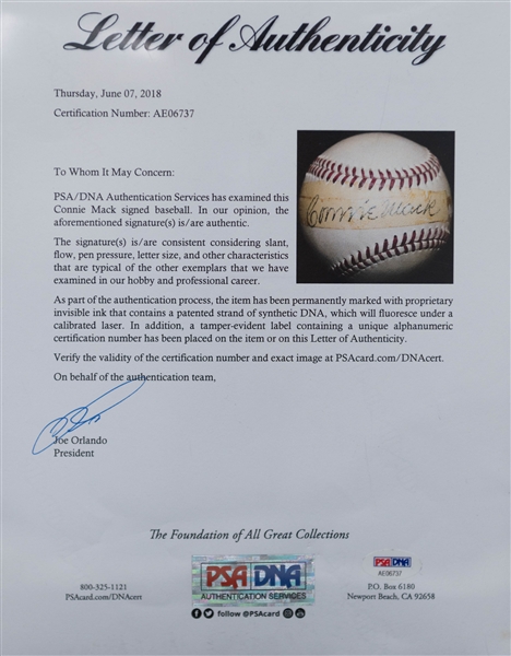 Connie Mack Single-Signed Spalding Official Inter-State League Baseball - Full PSA/DNA Letter of Authentication