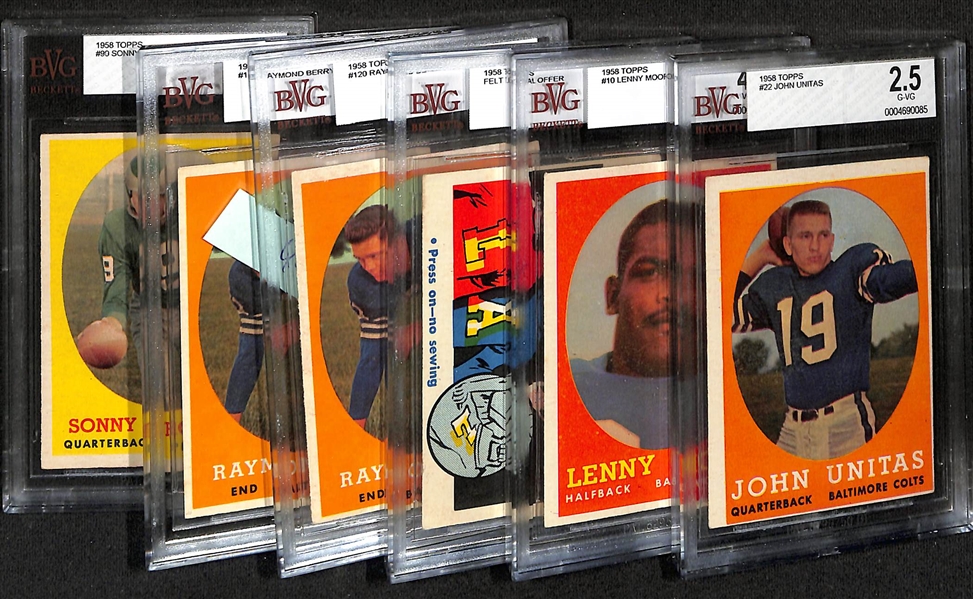 Lot of (6) BVG Graded 1958 Topps Football Cards- John Unitas (BVG 2.5), Lenny Moore (BVG 4.5), Felt Initial Offer (BVG 4), Raymond Berry (BVG 3 + BVG 6), Sonny Jurgensen (BVG 2)