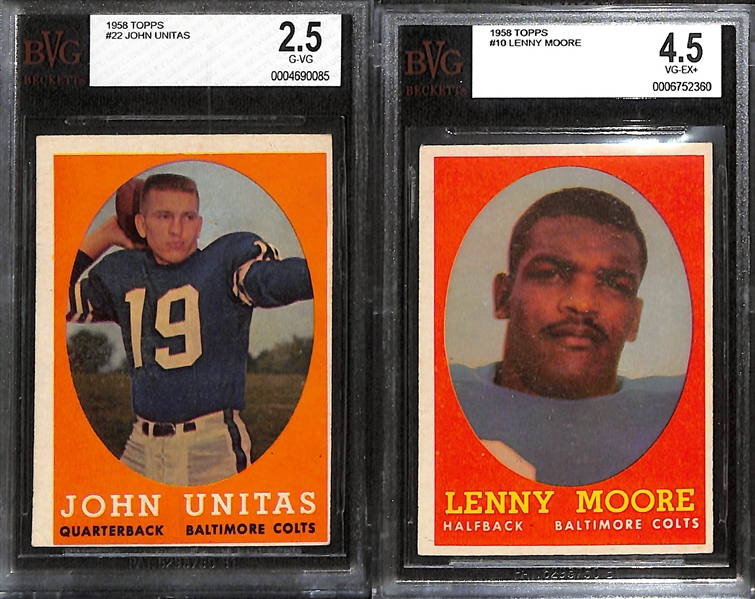 Lot of (6) BVG Graded 1958 Topps Football Cards- John Unitas (BVG 2.5), Lenny Moore (BVG 4.5), Felt Initial Offer (BVG 4), Raymond Berry (BVG 3 + BVG 6), Sonny Jurgensen (BVG 2)