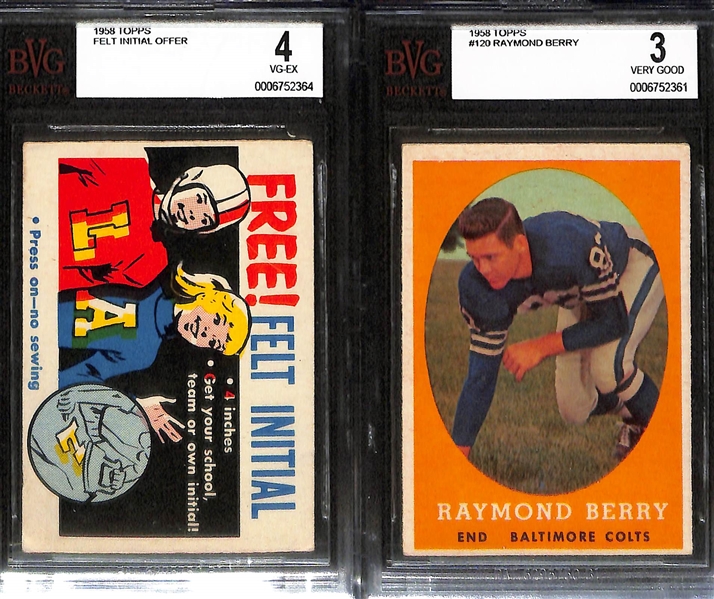 Lot of (6) BVG Graded 1958 Topps Football Cards- John Unitas (BVG 2.5), Lenny Moore (BVG 4.5), Felt Initial Offer (BVG 4), Raymond Berry (BVG 3 + BVG 6), Sonny Jurgensen (BVG 2)