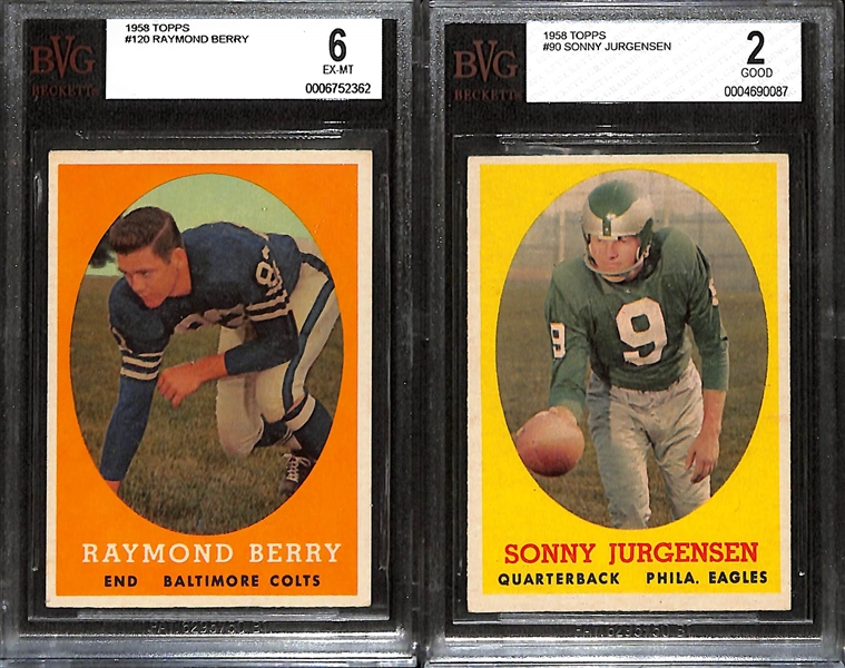 Lot of (6) BVG Graded 1958 Topps Football Cards- John Unitas (BVG 2.5), Lenny Moore (BVG 4.5), Felt Initial Offer (BVG 4), Raymond Berry (BVG 3 + BVG 6), Sonny Jurgensen (BVG 2)