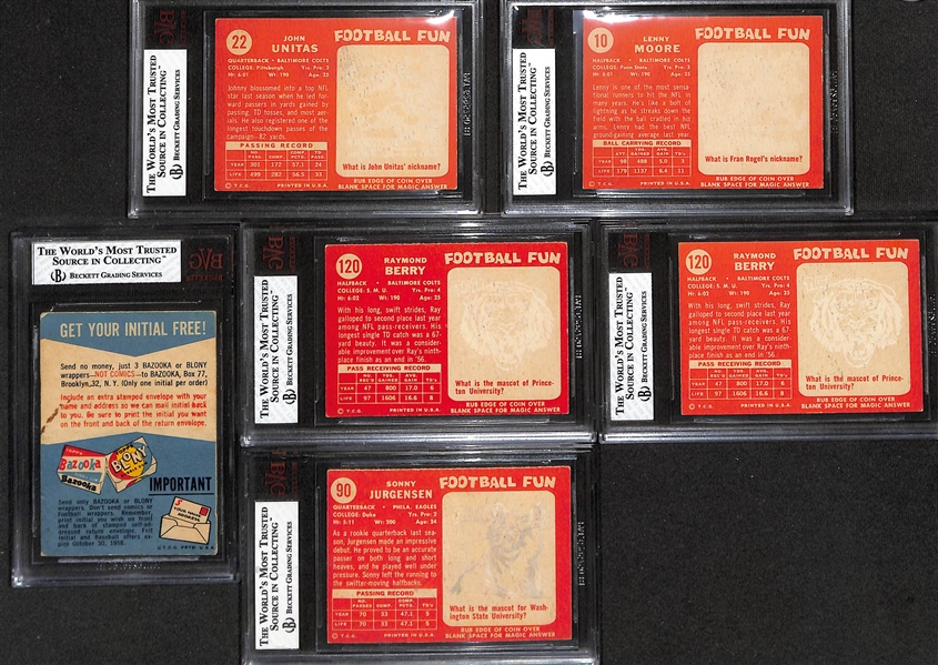 Lot of (6) BVG Graded 1958 Topps Football Cards- John Unitas (BVG 2.5), Lenny Moore (BVG 4.5), Felt Initial Offer (BVG 4), Raymond Berry (BVG 3 + BVG 6), Sonny Jurgensen (BVG 2)