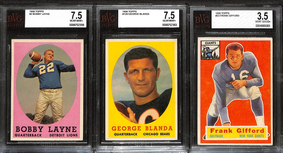 Lot of (3) BVG Graded Topps Football Cards- 1958 Bobby Layne (BVG 7.5), 1958 George Blanda (BVG 7.5), 1956 Frank Gifford (BVG 3.5)