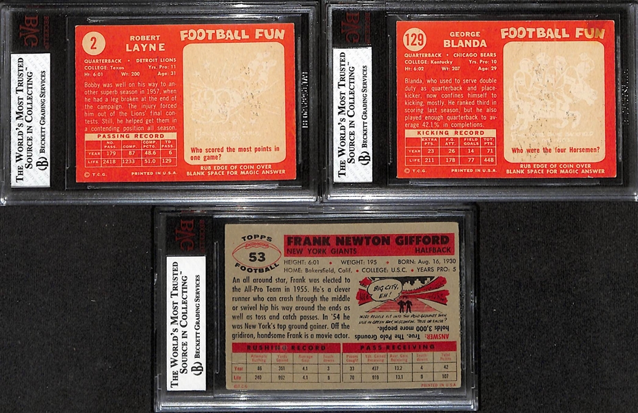 Lot of (3) BVG Graded Topps Football Cards- 1958 Bobby Layne (BVG 7.5), 1958 George Blanda (BVG 7.5), 1956 Frank Gifford (BVG 3.5)