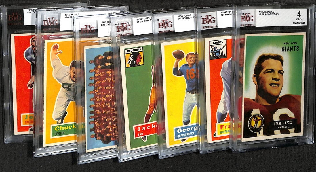 Lot of (7) BVG Graded Vintage Football Cards inc. 1955 Bowman Frank Gifford (BVG 4), 1956 Topps Frank Gifford (BVG 3)2956 Topps George Blanda (BVG 4), +