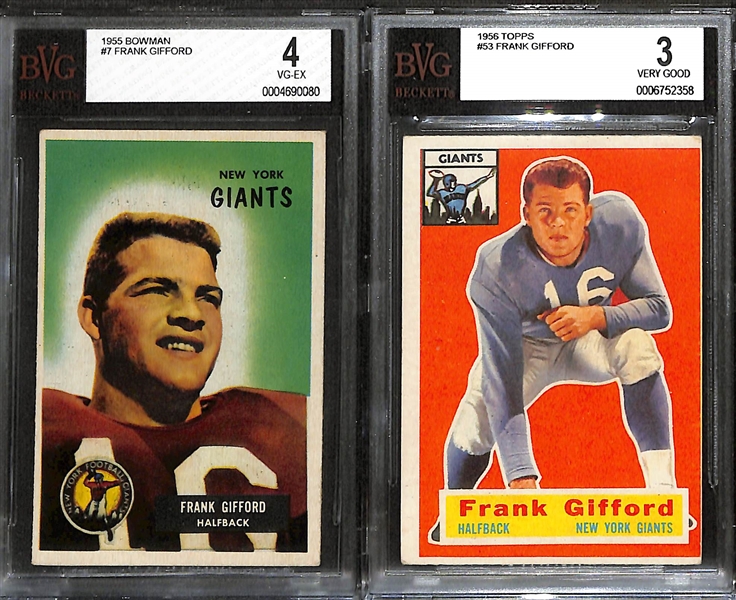 Lot of (7) BVG Graded Vintage Football Cards inc. 1955 Bowman Frank Gifford (BVG 4), 1956 Topps Frank Gifford (BVG 3)2956 Topps George Blanda (BVG 4), +