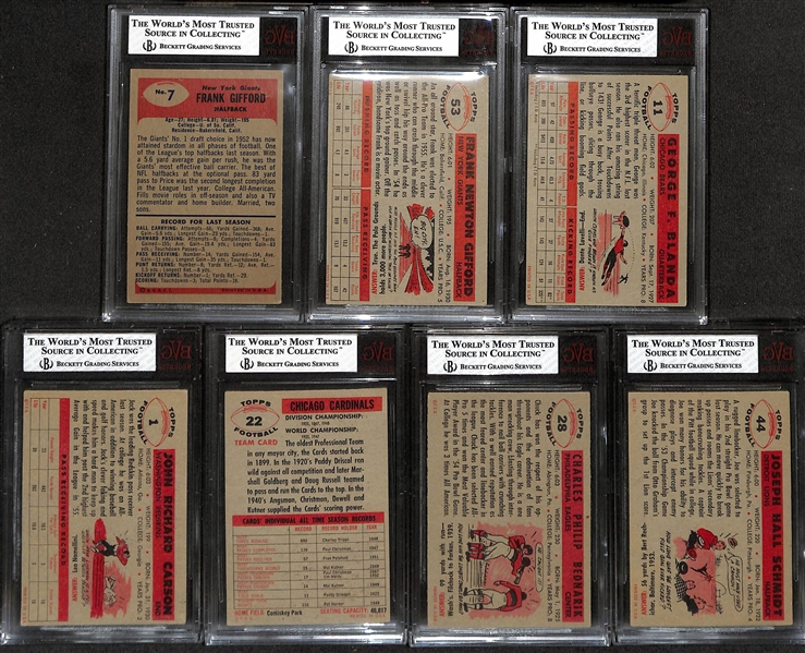 Lot of (7) BVG Graded Vintage Football Cards inc. 1955 Bowman Frank Gifford (BVG 4), 1956 Topps Frank Gifford (BVG 3)2956 Topps George Blanda (BVG 4), +