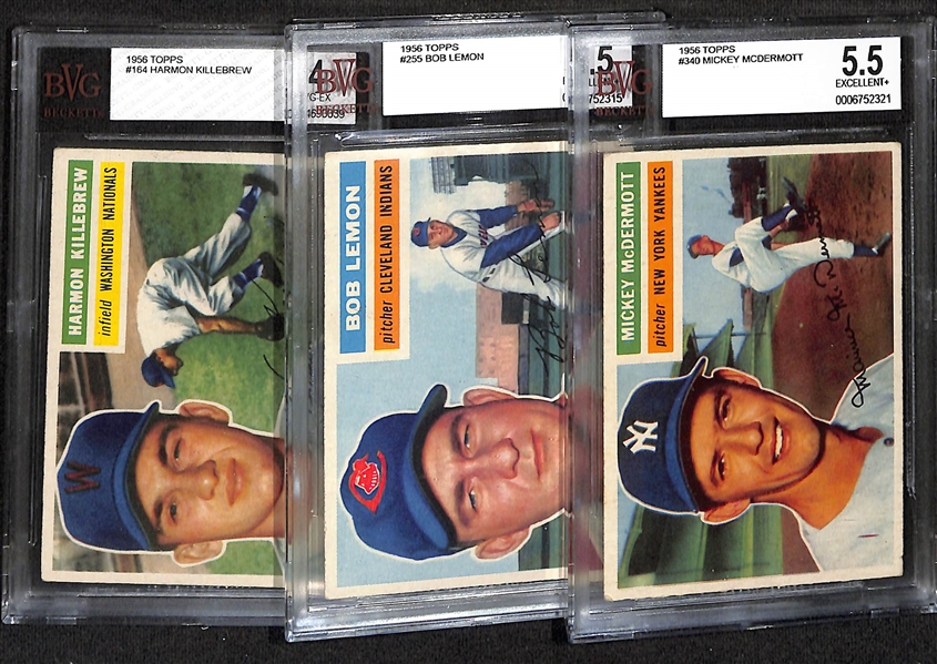 Lot of (3) BVG Graded 1956 Topps Cards - Harmon Killebrew (BVG 4), Bob Lemon (BVG 5.5), Mickey McDermott (BVG 5.5)