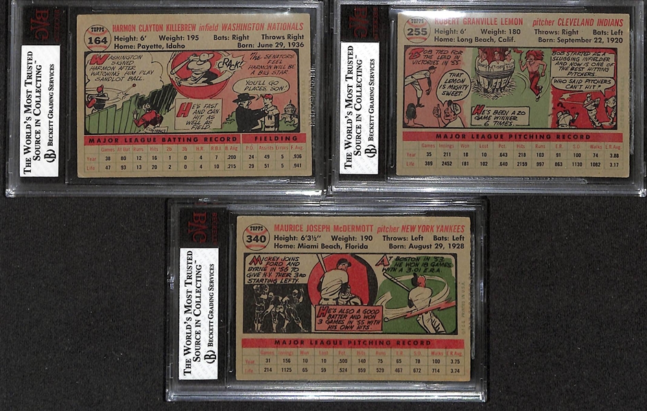Lot of (3) BVG Graded 1956 Topps Cards - Harmon Killebrew (BVG 4), Bob Lemon (BVG 5.5), Mickey McDermott (BVG 5.5)