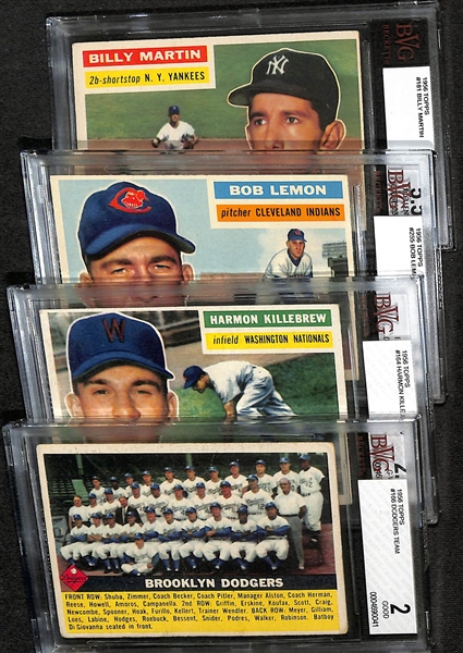 Lot of (4) BVG Graded 1956 Topps Cards - Dodgers Team (BVG 2), Harmon Killebrew (BVG 2.5), Bob Lemon (BVG 5.5), Billy Martin (BVG 5.5)