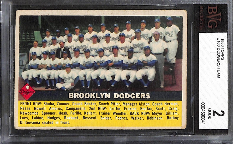 Lot of (4) BVG Graded 1956 Topps Cards - Dodgers Team (BVG 2), Harmon Killebrew (BVG 2.5), Bob Lemon (BVG 5.5), Billy Martin (BVG 5.5)