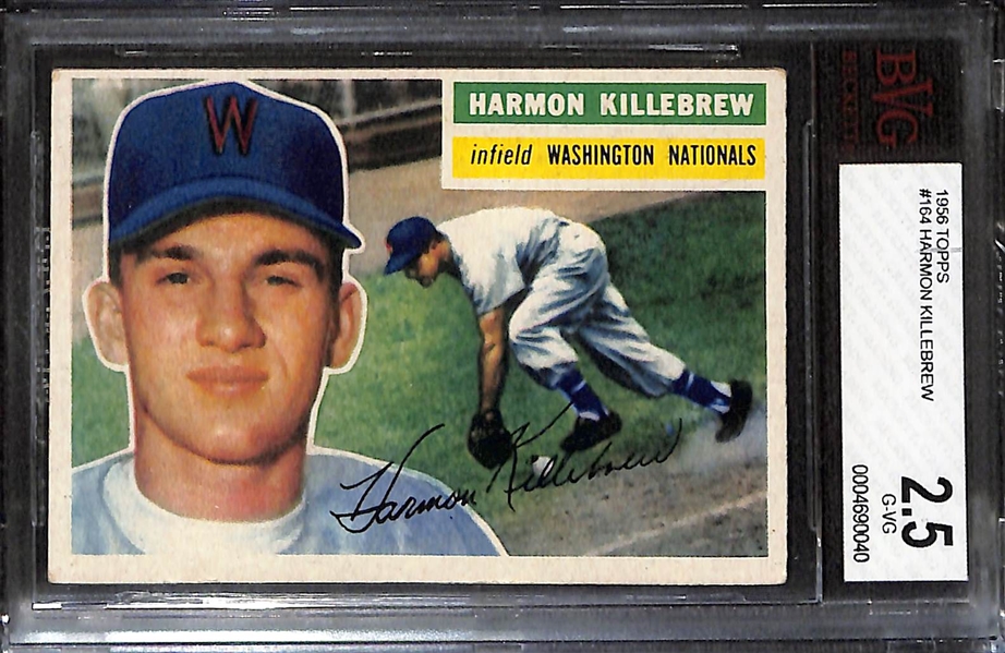 Lot of (4) BVG Graded 1956 Topps Cards - Dodgers Team (BVG 2), Harmon Killebrew (BVG 2.5), Bob Lemon (BVG 5.5), Billy Martin (BVG 5.5)