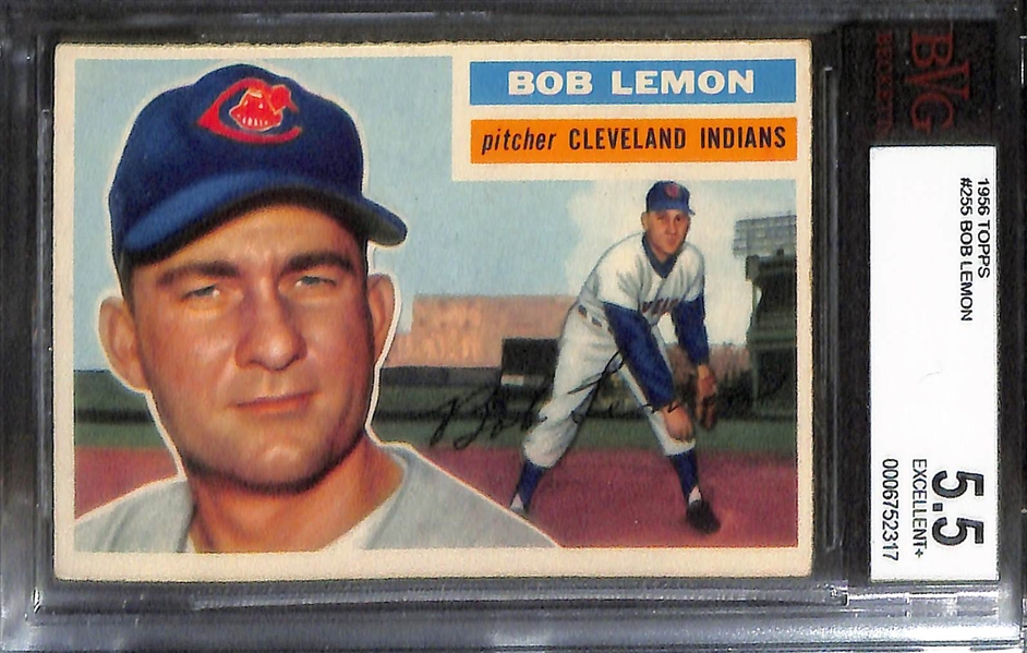 Lot of (4) BVG Graded 1956 Topps Cards - Dodgers Team (BVG 2), Harmon Killebrew (BVG 2.5), Bob Lemon (BVG 5.5), Billy Martin (BVG 5.5)