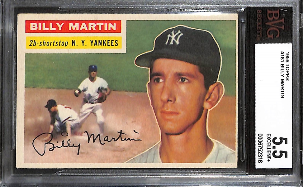 Lot of (4) BVG Graded 1956 Topps Cards - Dodgers Team (BVG 2), Harmon Killebrew (BVG 2.5), Bob Lemon (BVG 5.5), Billy Martin (BVG 5.5)