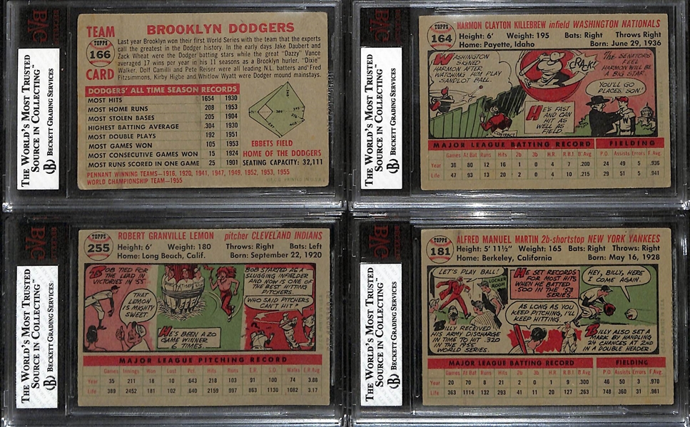Lot of (4) BVG Graded 1956 Topps Cards - Dodgers Team (BVG 2), Harmon Killebrew (BVG 2.5), Bob Lemon (BVG 5.5), Billy Martin (BVG 5.5)