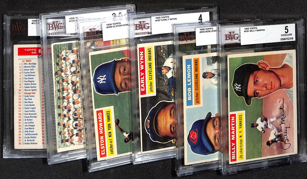 Lot of (6) BVG Graded 1956 Topps Cards- Billy Martin (BVG 5), Bob Lemon (BVG 5.5), Early Wynn (BVG 4), Elston Howard (BVG 4), Giants Team (BVG 2.5), Checklist (BVG 2)