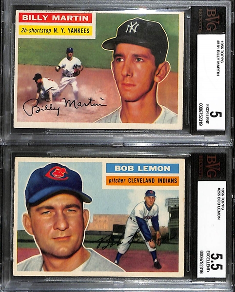 Lot of (6) BVG Graded 1956 Topps Cards- Billy Martin (BVG 5), Bob Lemon (BVG 5.5), Early Wynn (BVG 4), Elston Howard (BVG 4), Giants Team (BVG 2.5), Checklist (BVG 2)