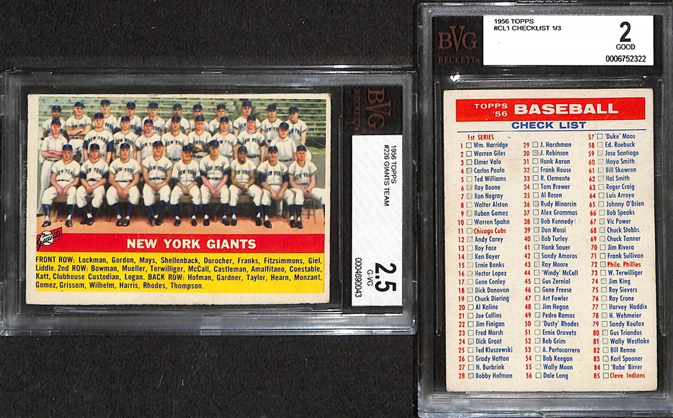 Lot of (6) BVG Graded 1956 Topps Cards- Billy Martin (BVG 5), Bob Lemon (BVG 5.5), Early Wynn (BVG 4), Elston Howard (BVG 4), Giants Team (BVG 2.5), Checklist (BVG 2)