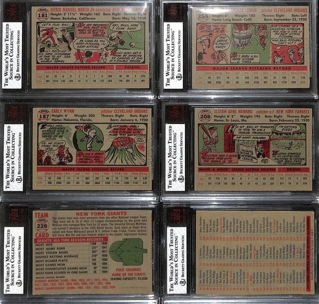 Lot of (6) BVG Graded 1956 Topps Cards- Billy Martin (BVG 5), Bob Lemon (BVG 5.5), Early Wynn (BVG 4), Elston Howard (BVG 4), Giants Team (BVG 2.5), Checklist (BVG 2)