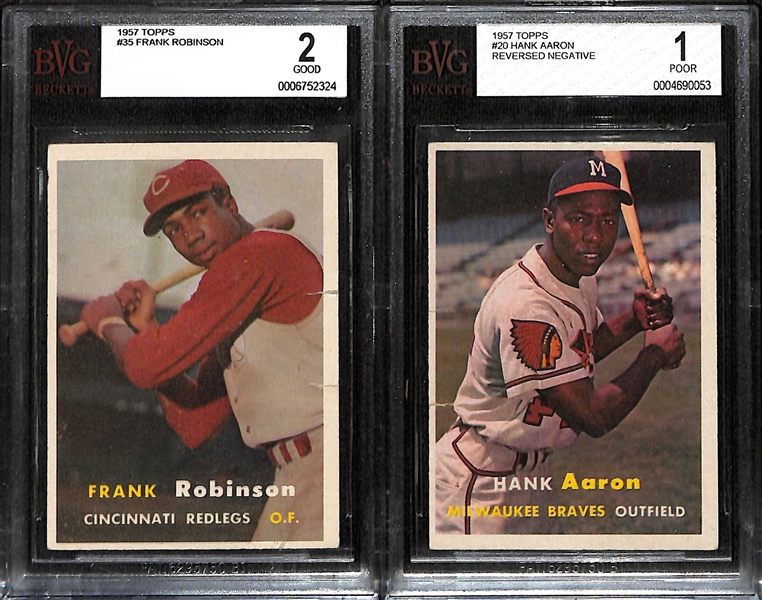 Lot of (2) BVG Graded 1957 Topps Cards - Frank Robinson Rookie (BVG 2), Hank Aaron Reversed Negative (BVG1)