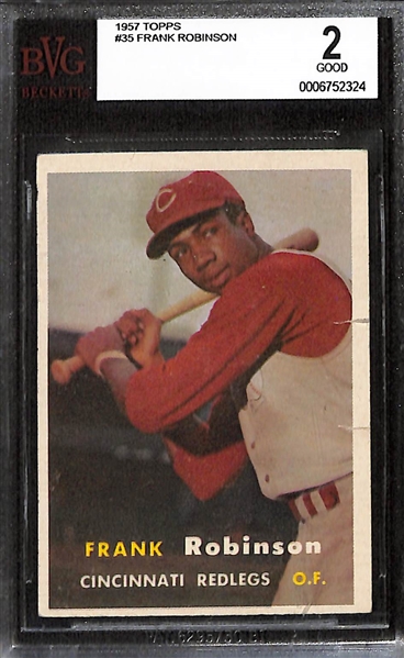Lot of (2) BVG Graded 1957 Topps Cards - Frank Robinson Rookie (BVG 2), Hank Aaron Reversed Negative (BVG1)