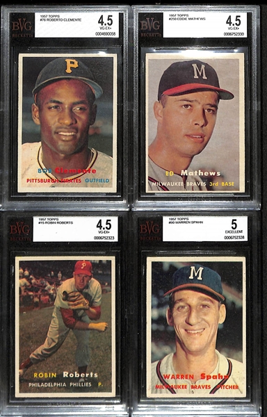 Lot of (4) BVG Graded 1957 Topps Cards - Roberto Clemente (BVG 4.5), Eddie Matthews (BVG 4.5), Robin Roberts (BVG 4.5), Warren Spahn (BVG 5)