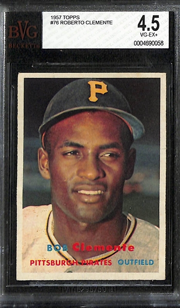Lot of (4) BVG Graded 1957 Topps Cards - Roberto Clemente (BVG 4.5), Eddie Matthews (BVG 4.5), Robin Roberts (BVG 4.5), Warren Spahn (BVG 5)