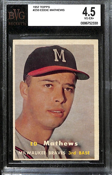 Lot of (4) BVG Graded 1957 Topps Cards - Roberto Clemente (BVG 4.5), Eddie Matthews (BVG 4.5), Robin Roberts (BVG 4.5), Warren Spahn (BVG 5)