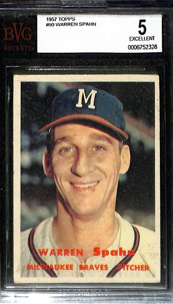 Lot of (4) BVG Graded 1957 Topps Cards - Roberto Clemente (BVG 4.5), Eddie Matthews (BVG 4.5), Robin Roberts (BVG 4.5), Warren Spahn (BVG 5)