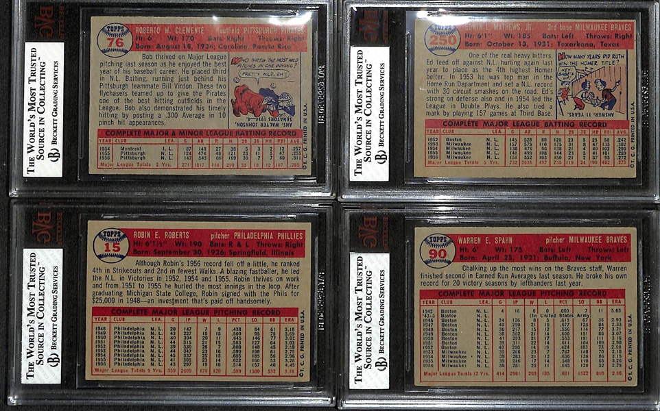Lot of (4) BVG Graded 1957 Topps Cards - Roberto Clemente (BVG 4.5), Eddie Matthews (BVG 4.5), Robin Roberts (BVG 4.5), Warren Spahn (BVG 5)