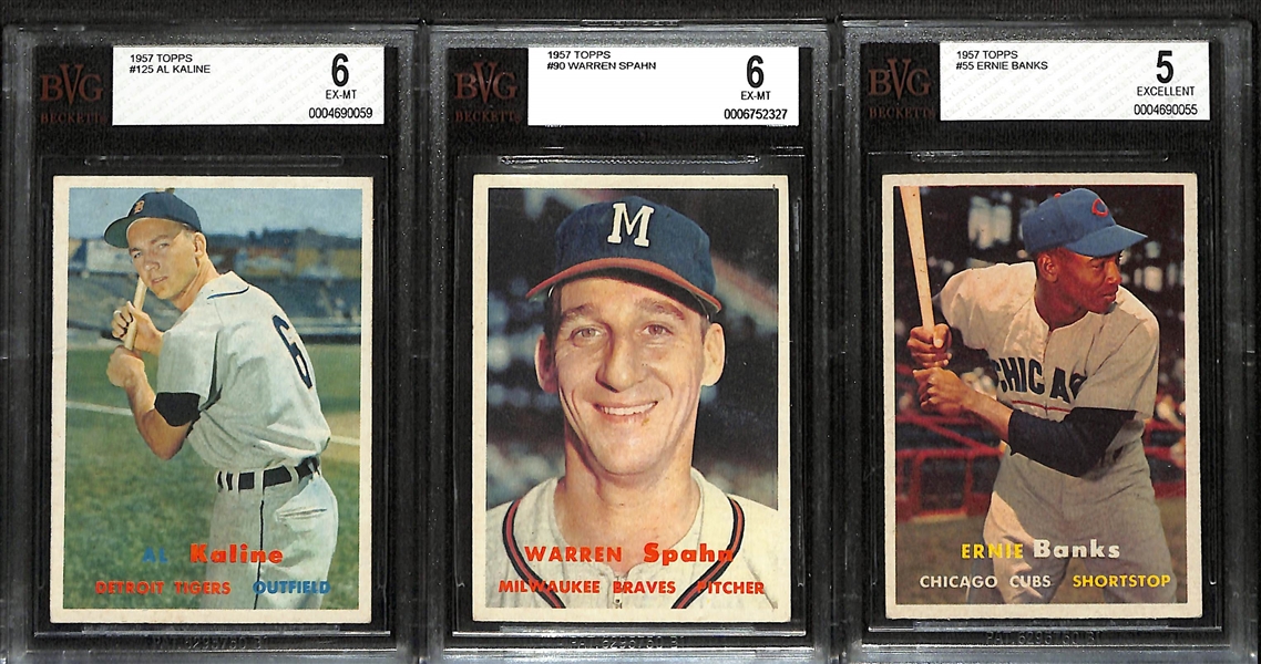 Lot of (3) BVG Graded 1957 Topps Cards - Al Kaline (BVG 6), Warren Spahn (BVG 6), Ernie Banks (BVG 5)