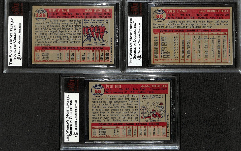 Lot of (3) BVG Graded 1957 Topps Cards - Al Kaline (BVG 6), Warren Spahn (BVG 6), Ernie Banks (BVG 5)